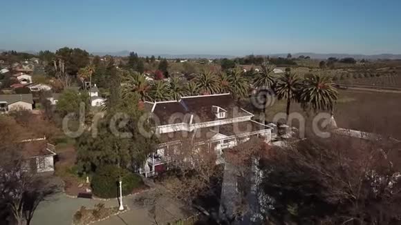 空中飞行一座美丽的大房子在一片被棕榈树包围的田野中间视频的预览图