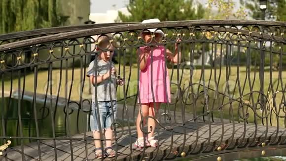 两个孩子夏天在公园的桥上玩耍视频的预览图