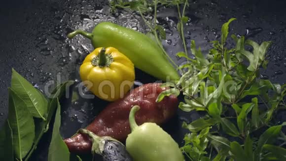 桌上有蔬菜茄子辣椒和青菜从上到下的镜头移动视频的预览图