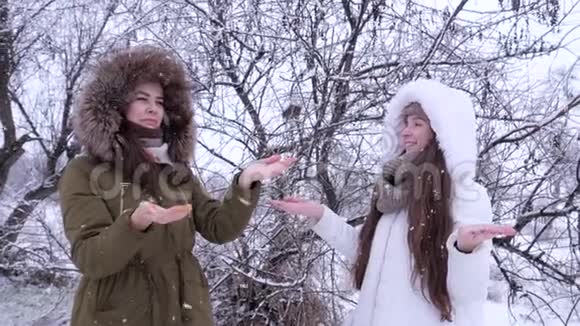 第一场雪年轻女性在公园里尽情享受冬日双手接住雪花视频的预览图