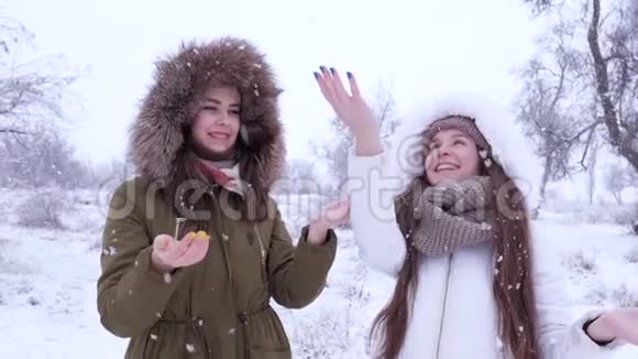 雪天快乐冬天幸运的女人手抓雪花视频的预览图