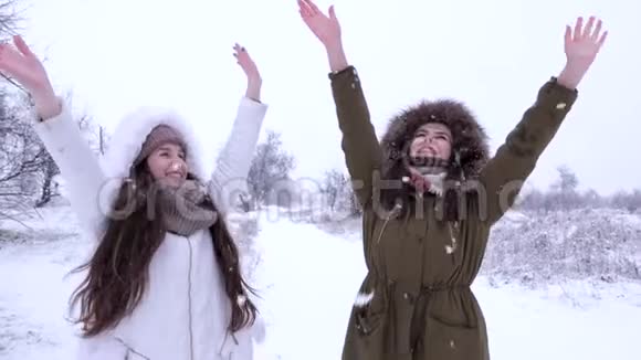 下雪的冬天朋友们在下雪的时候玩大自然视频的预览图