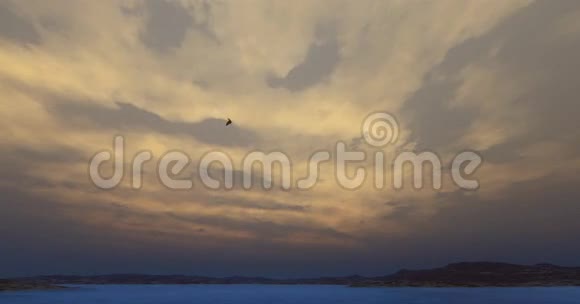 黄昏时分鹰在高高的天空湖和山明亮的太阳和云上盘旋视频的预览图