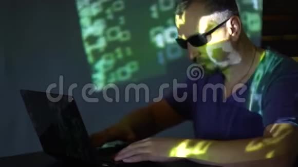 一个戴太阳镜的黑客在黑暗的房间里使用程序代码网上犯罪概念视频的预览图