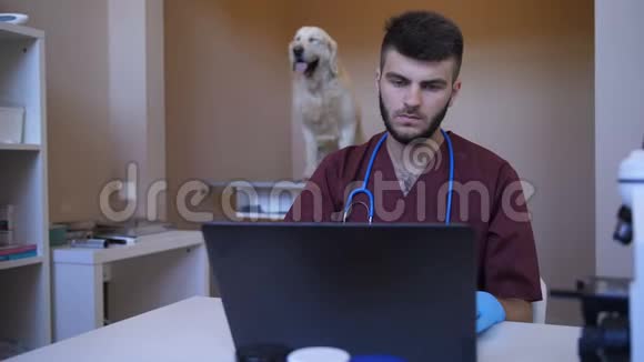 宠物诊所的年轻兽医在笔记本电脑上打字视频的预览图