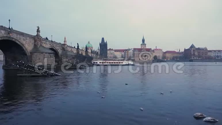 布拉格的查尔斯桥维塔瓦河上的观光船视频的预览图