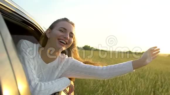 快乐年轻的旅行微笑美丽的年轻女子在夏天的自然麦田享受公路旅行女孩抱着胳膊放视频的预览图