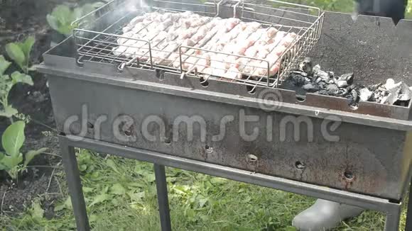 准备烤架上的生肉烧烤在阳光明媚的夏日野餐在烤架上烤猪肉开胃肉视频的预览图