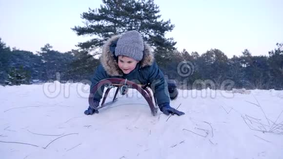 在冬天的森林里微笑的男孩慢悠悠地躺在白雪覆盖的小山上雪橇上视频的预览图
