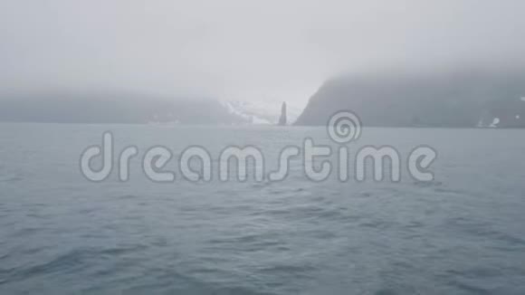 在寒冷的冬海中雪岛上的岩石峭壁和雾中的群山视频的预览图