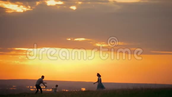 年轻的女人和丈夫在田里玩飞盘站在他们的小儿子旁边夕阳西下的夏夜视频的预览图