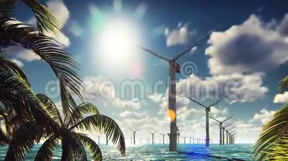 海边的风车农场在美丽的阳光明媚的一天在蓝天的映衬下风车与大海隔绝视频的预览图