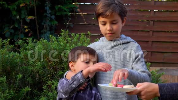 男孩吃杏仁饼干通心粉视频的预览图