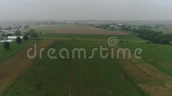 雾中阿米什农场土地和阿米什农民收获的鸟瞰图视频的预览图