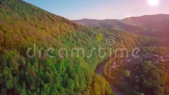 空中无人机视图在日出柔和的光线下用森林飞越春山村处理的图像视频的预览图