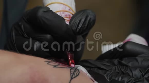 专业纹身大师的宏观视野是用红墨水作画制作封面戴黑色乳胶手套视频的预览图