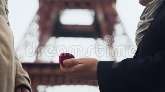 埃菲尔铁塔背景下的情人向心爱的女孩求婚视频的预览图