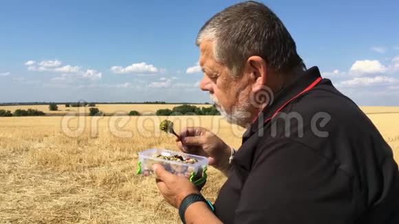 吃蒸蔬菜的高级农民坐在户外面对收获的麦田和蓝天视频的预览图