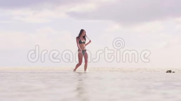 穿着泳衣的布鲁内特女士在热带海滩的海水中散步穿着比基尼在清水上行走的漂亮女人视频的预览图