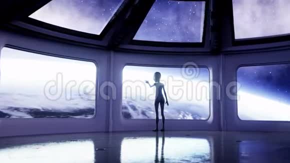 在未来派房间里的外星人手伸出地球星球UFO未来主义概念影院4k动画视频的预览图