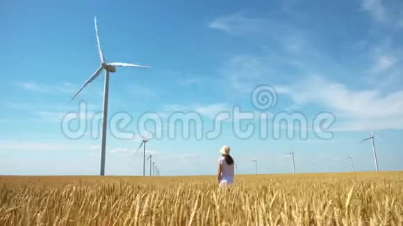 一个美丽的女孩在黄色的麦田上用风车发电视频的预览图