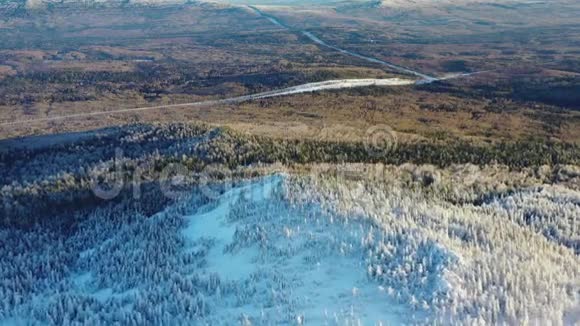鸟瞰冬季森林部分被雪和公路覆盖从上面看到美丽的景色视频的预览图