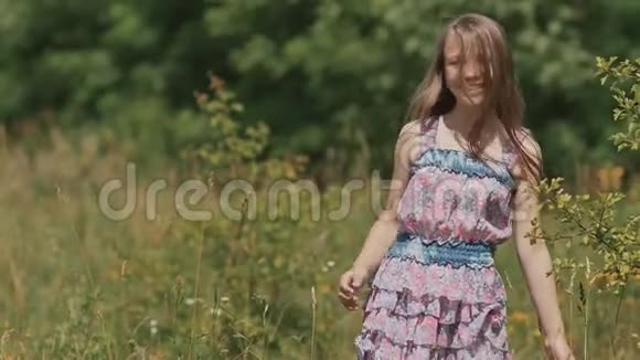 留着长发的小女孩在草地上散步温暖的夏日视频的预览图