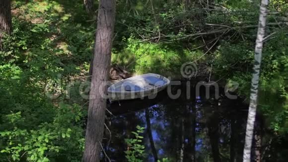 一艘废弃的木船站在森林中央的一个湖上视频的预览图