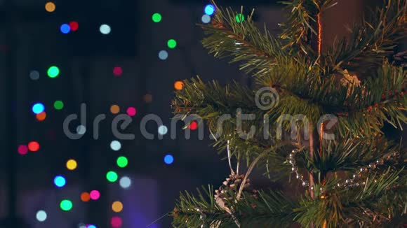 一位女士在圣诞树叶子上挂着圣诞装饰上面有闪闪发光的LED视频的预览图