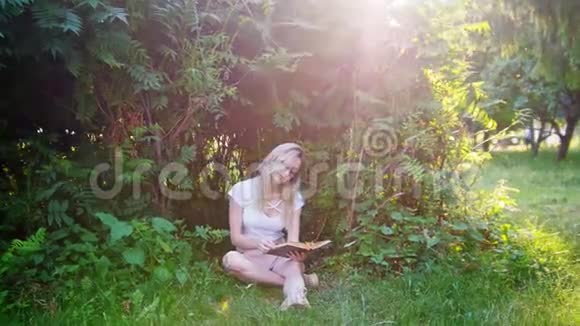 年轻女子坐在灌木丛下日落时看书视频的预览图