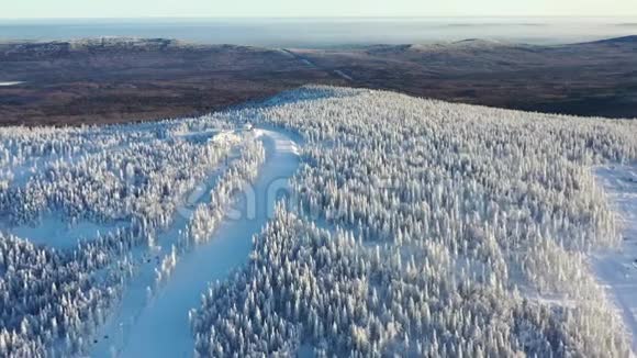鸟瞰冬季森林和缆车舱对抗蓝天录像户外运动视频的预览图