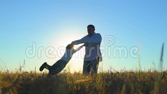 夏日里父子在麦田里嬉戏欣赏日落的剪影幸福的家庭散步视频的预览图