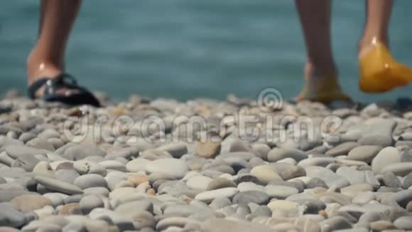 人们在阳光下在海里洗澡在海滩上洗澡和玩游戏海滩上的游客从大海的鹅卵石视频的预览图