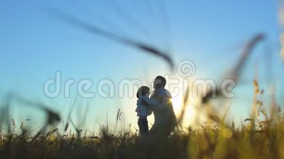夏日里父子在麦田里嬉戏欣赏日落的剪影幸福的家庭散步视频的预览图
