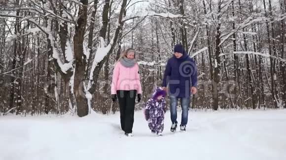 幸福的一家人在冬季公园散步一个女人带着一个孩子在下雪的冬天散步视频的预览图
