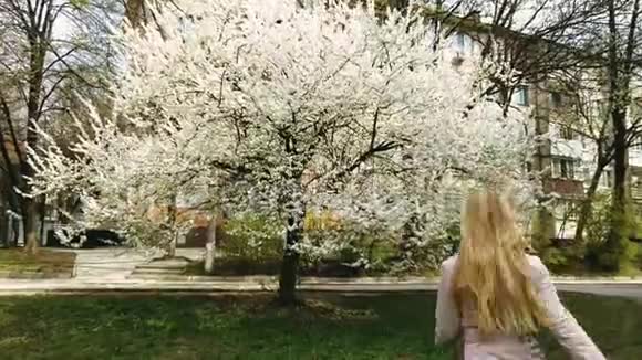 花木背景上美丽的女孩视频的预览图