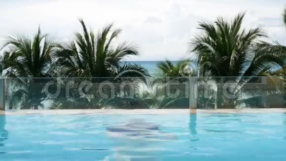 亚洲女人从游泳池下面跳起来在游泳池里游泳和放松背景是棕榈树热带海滩视频的预览图