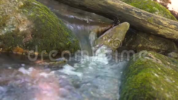 美丽的山河里的水慢慢地流过一块大石头河流中的小瀑布视频的预览图