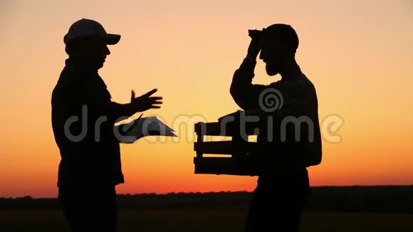 两个农民在日落时交谈在夕阳下看着番茄侧视图视频的预览图