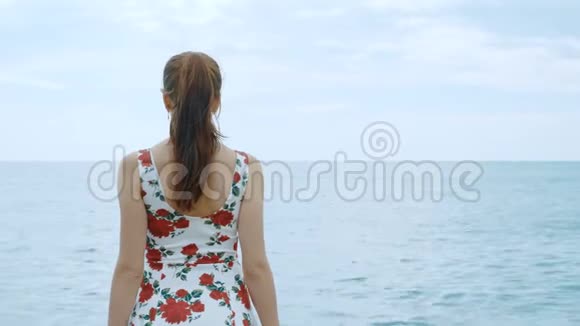 一个美丽的年轻漂亮的女孩站在海港的码头上视频的预览图