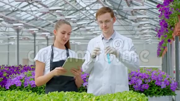 一个穿着白大褂和黑围裙的年轻男女科学家生物学家或农学家对花进行检查和分析视频的预览图