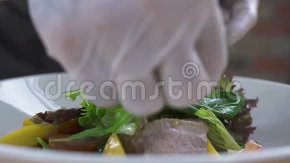 厨师在豪华餐厅装饰沙拉食品设计与造型理念手工厨师烹饪烹饪食物近距离视频的预览图