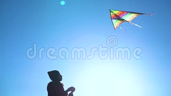 快乐的年轻女子在夏天日落时带着风筝在草地上奔跑视频的预览图