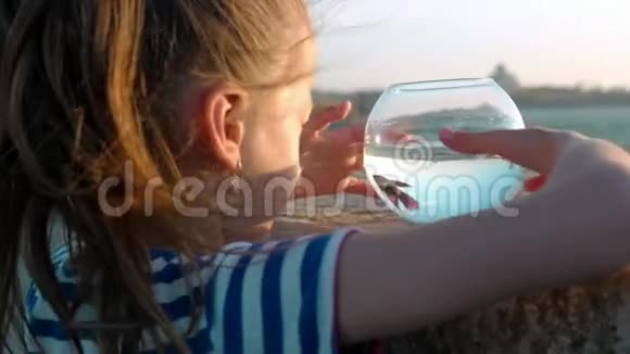 小女孩在玩水族馆的鱼看着游在室外海边的鱼缸里的鱼视频的预览图