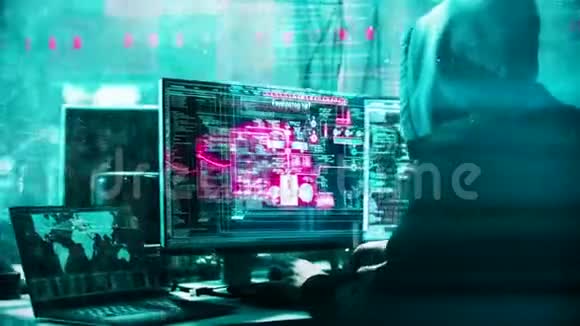 黑夹克中无法辨认的计算机黑客的动画与灰色带帽黑客人工神经网络视频的预览图