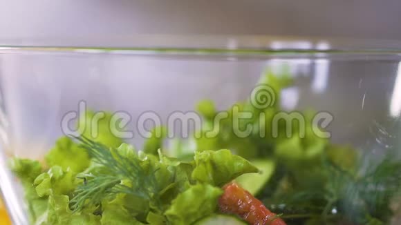 女厨师在新鲜蔬菜沙拉中倒入橄榄油调味慢调视频的预览图