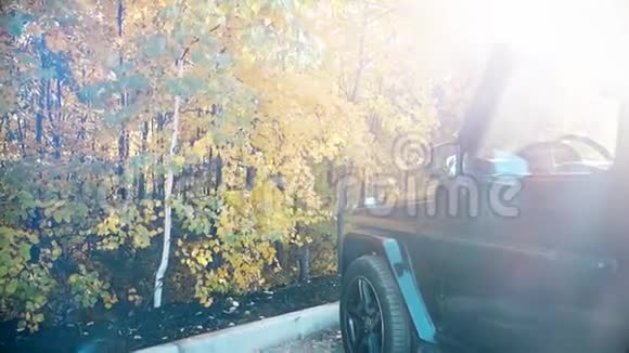 秋天森林的停车场日落时分视频的预览图