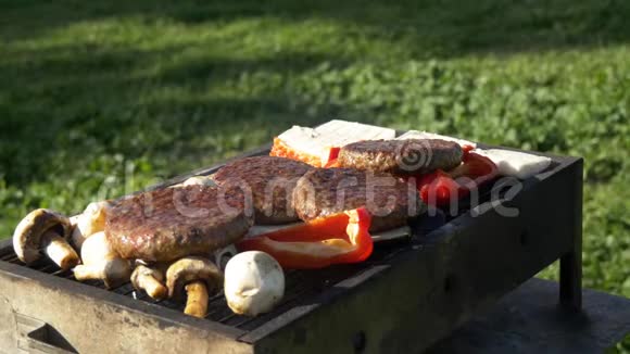 在夏天的烧烤奶酪蔬菜蘑菇和荨麻上烤架视频的预览图
