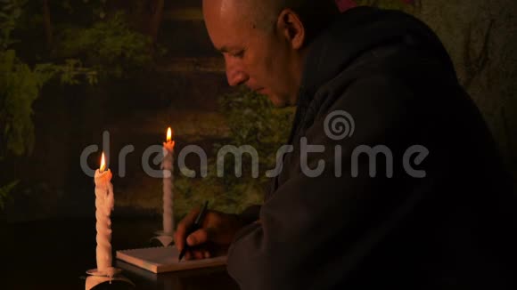 成年人在笔记本上写笔记蜡烛和神秘的气氛坐在桌子旁的人视频的预览图