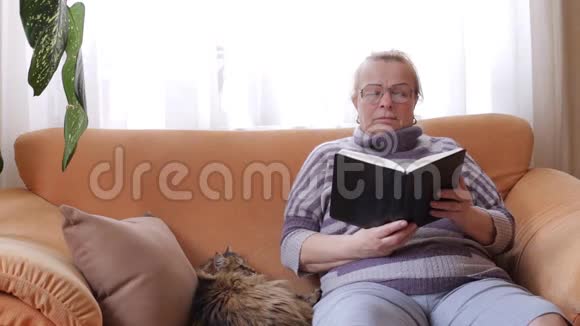 坐在沙发上看书的老年妇女视频的预览图